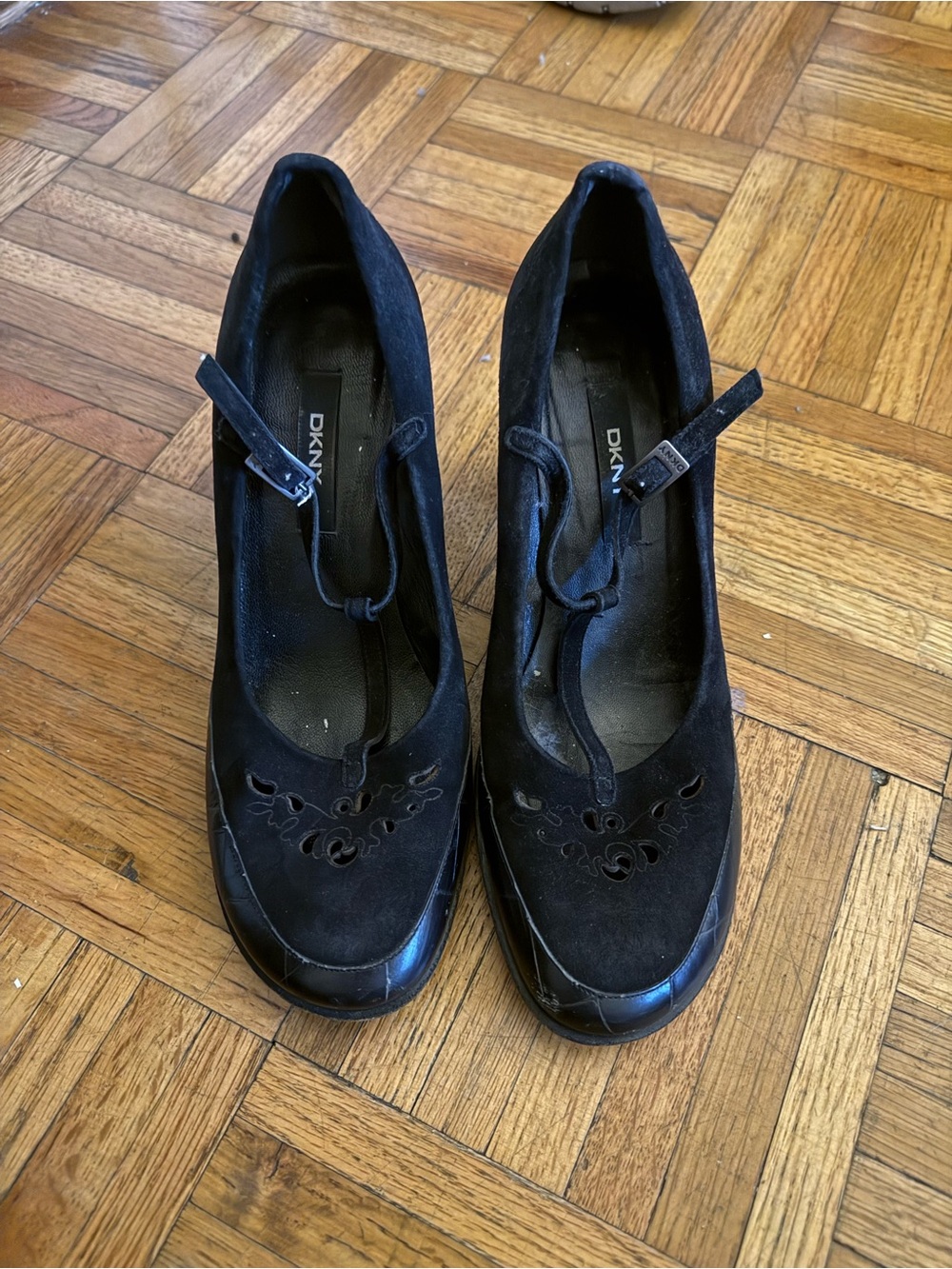 DKNY Black Suede Mary Jane Heels with Cutout Detail